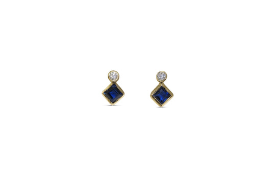 Square Cut Sapphire and Diamond Studs