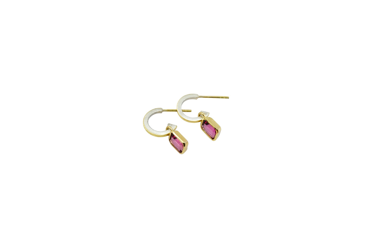 Emerald Cut Rubellite on Gold Lined Hoops