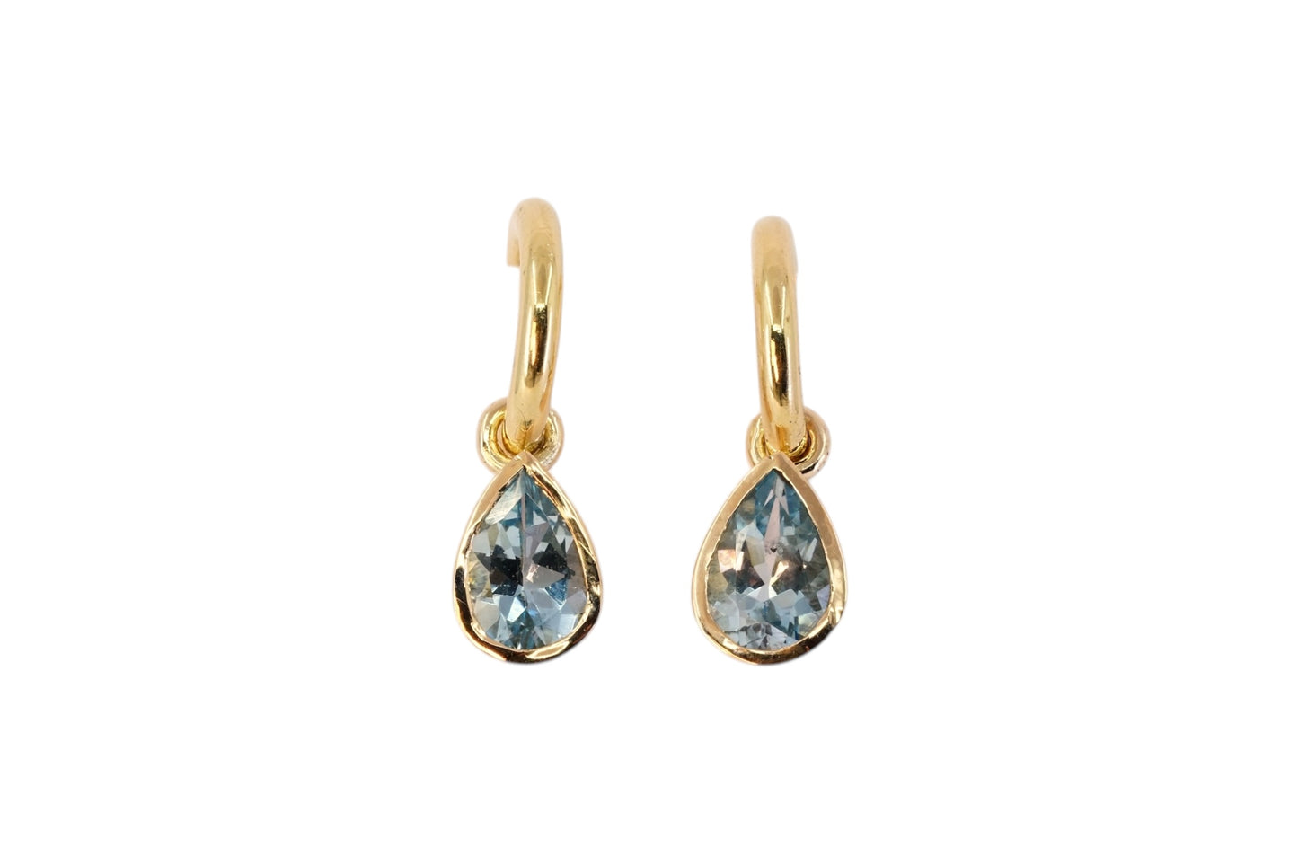 Pear Cut Aquamarines on Gold Hoops