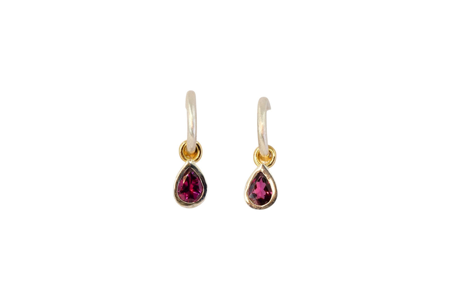 Pear Cut Garnets on Silver Hoops