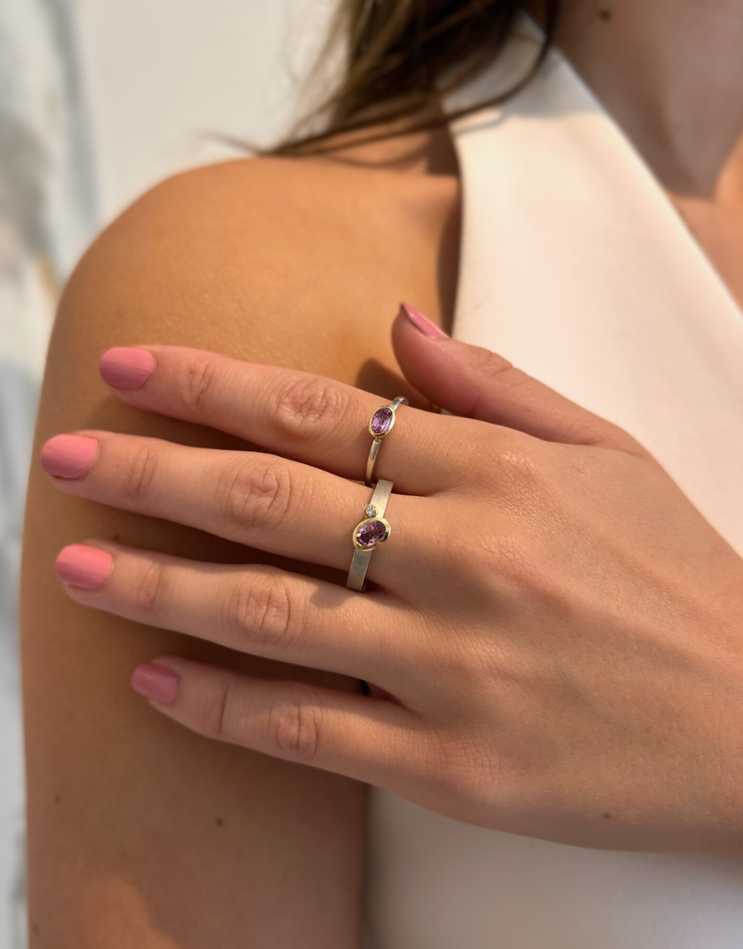 Deep Pink Sapphire and Diamond Asymmetric Ring