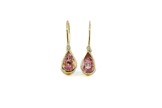 Pink Tourmaline and Diamond 9ct Gold Drop Earrings