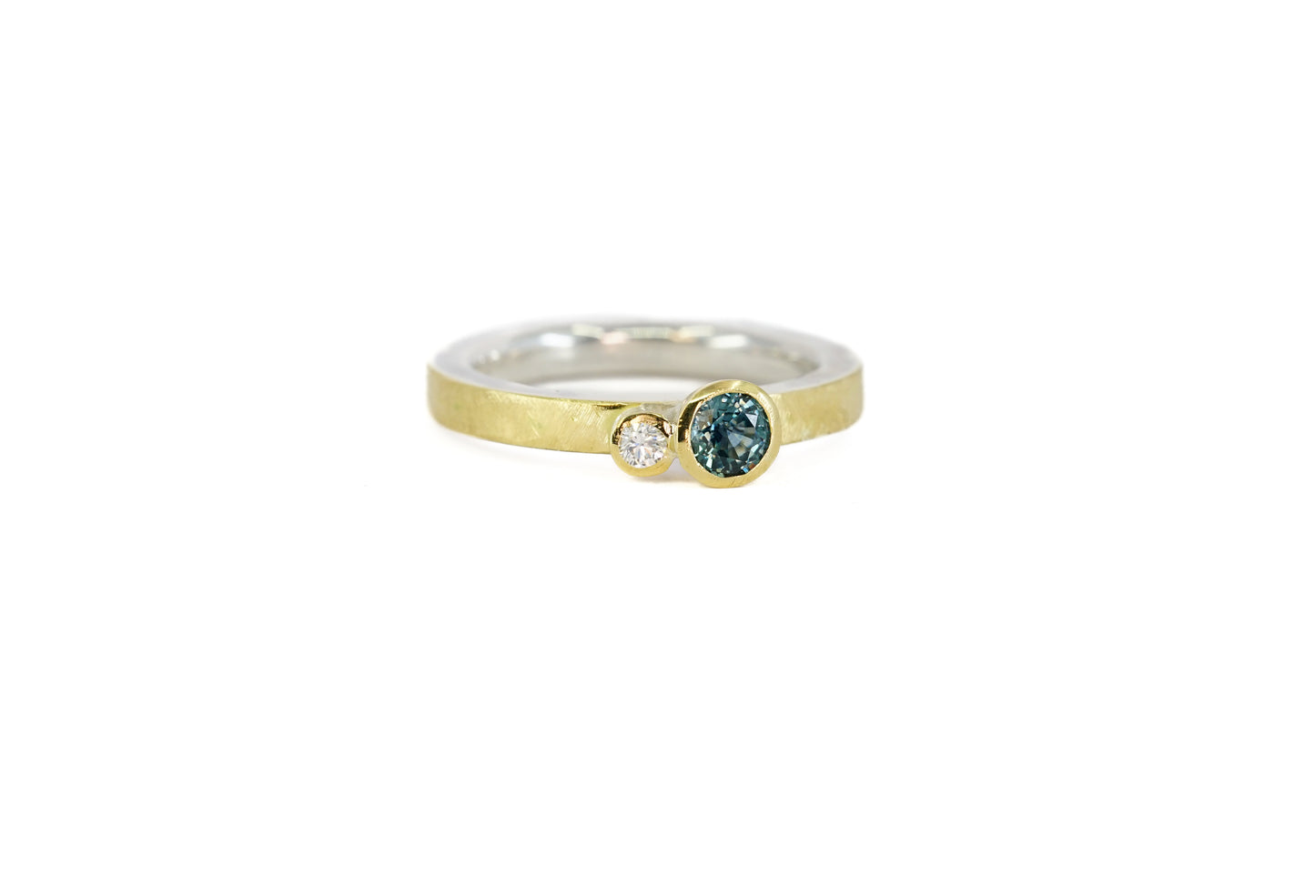 Teal Sapphire and Diamond Asymmetric Ring