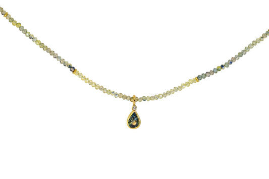 Green Sapphire Necklace with Teal Sapphire and Diamond Pendant