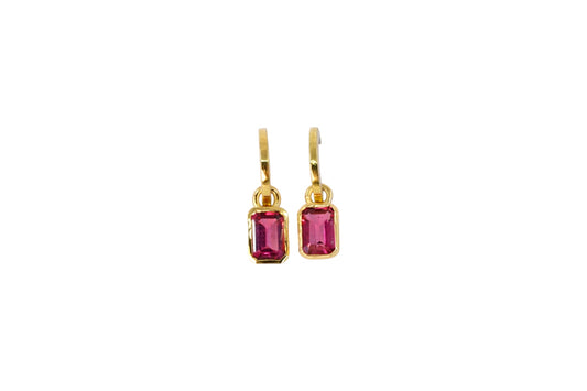 Emerald Cut Rubellite  on Gold Lined Hoops