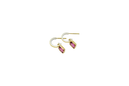 Emerald Cut Rubellite  on Gold Lined Hoops