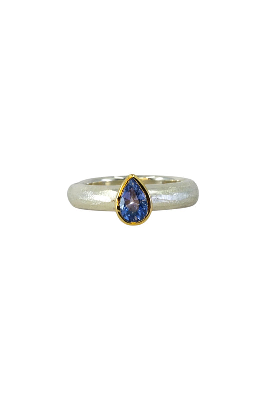 Pear Cut Blue Sapphire Ring with Fat Band