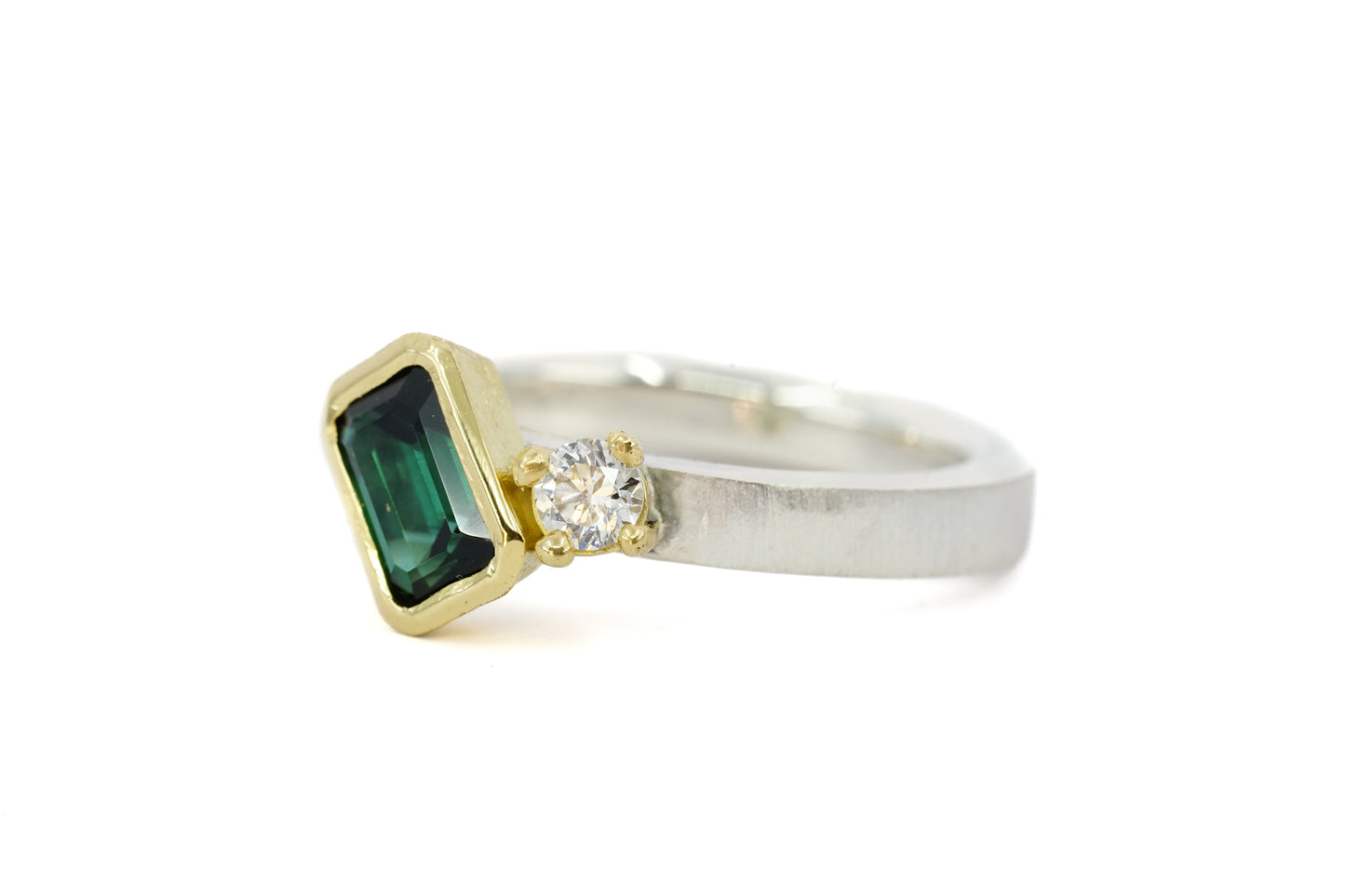 Green Tourmaline and Diamond Assymetric Ring