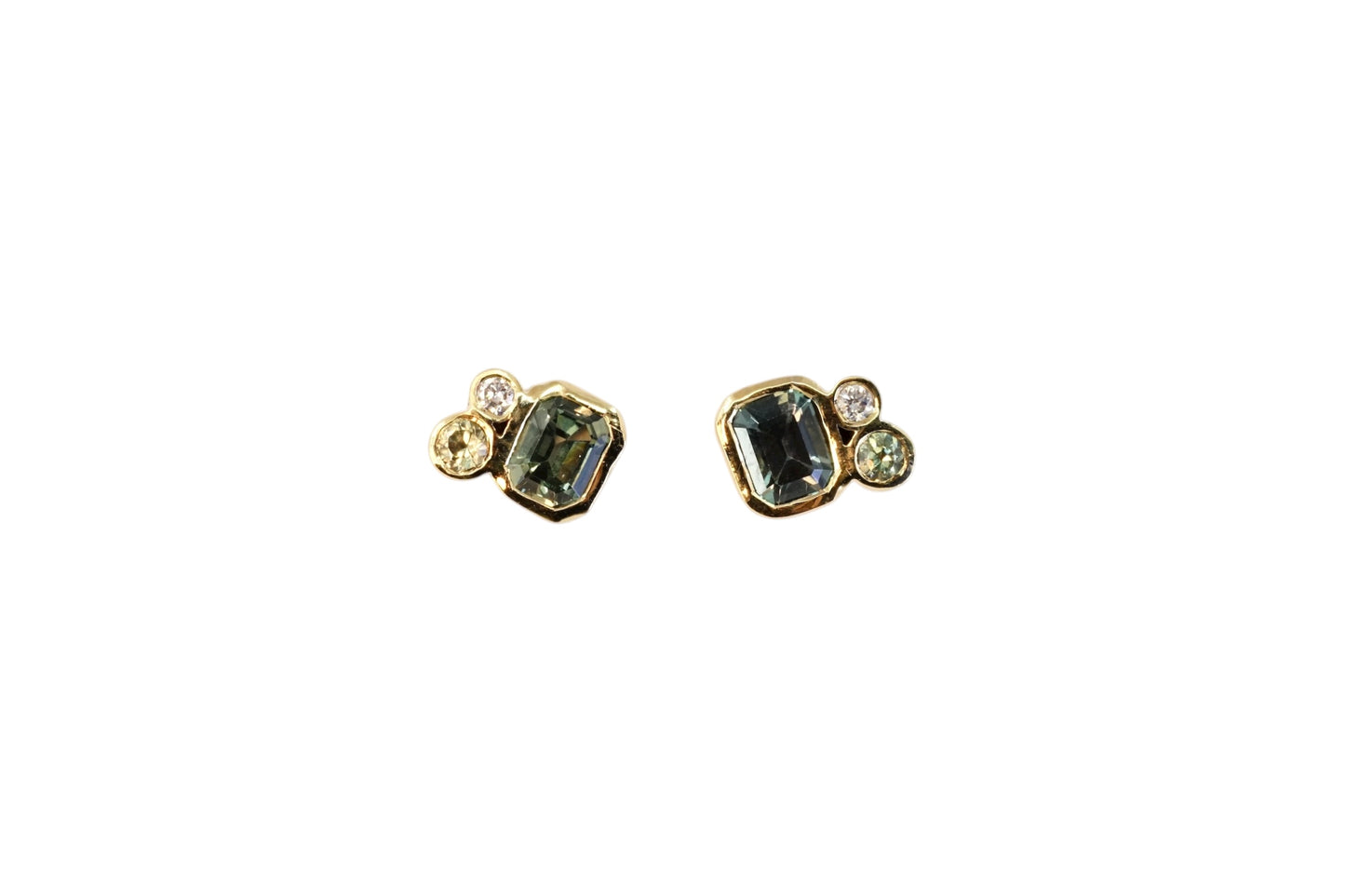 Emerald Cut Teal Sapphire Cluster Studs
