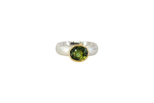 Oval Green Tourmaline Ring with a Rough Finish
