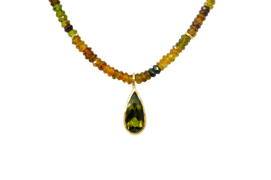 Green Beaded Tourmaline and Gold Necklace