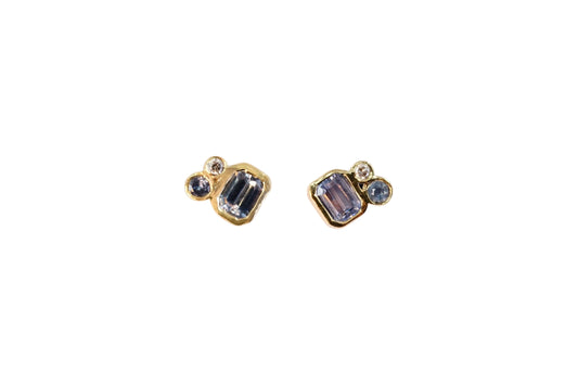 Emerald Cut Blue Sapphire Cluster Studs