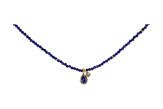 Sapphire and Diamond Charm Necklace with Lapis Beads