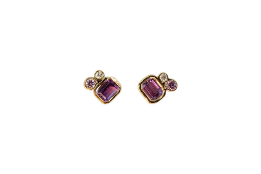 Emerald Cut Pink Sapphire Cluster Studs